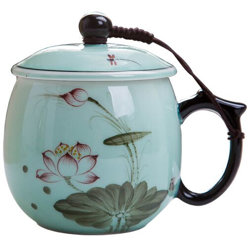 景德镇陶瓷茶杯水杯带盖手绘荷花茶杯影青釉釉下彩个性水杯