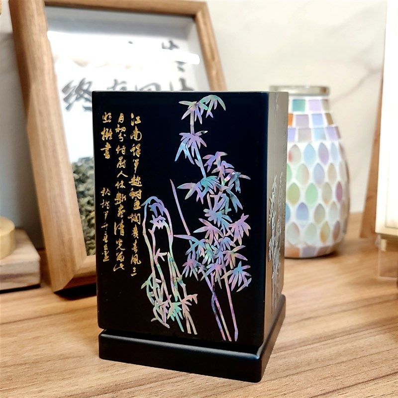 螺钿漆器笔筒送老师书房办公桌面摆件木质复古中国风 教师节礼物