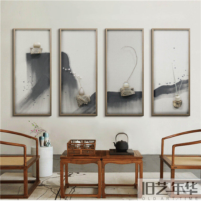 花瓶摆件 客厅 插花装饰画新中式手工立体木头挂画实物水墨创意画