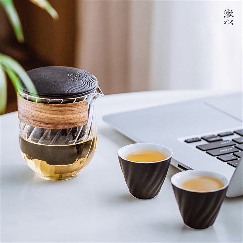 快客杯户外陶瓷一壶二杯玻璃便携式旅行功夫茶具套装黑白两色简约