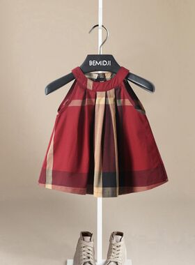 超薄儿童挂脖连衣裙夏女宝宝吊带裙胖女童洋气公主裙宽松格子红裙