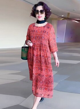 2025夏季新款复古花乔其纱连衣裙宽松大码洋气减龄显瘦过膝中长裙