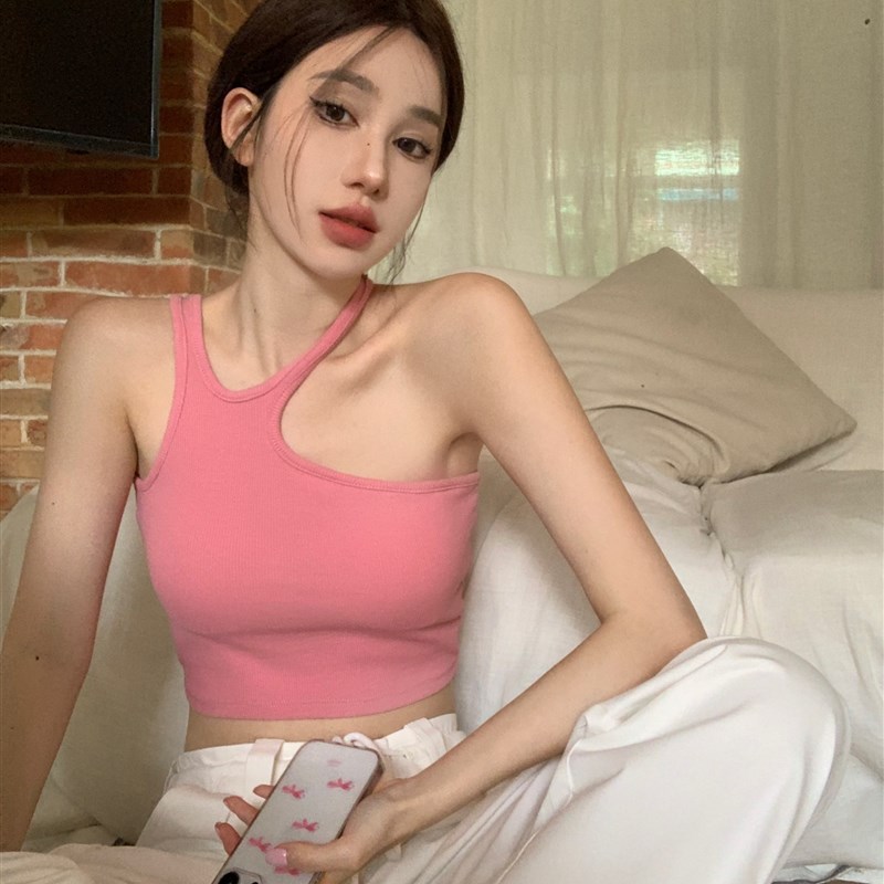 纯欲风带胸垫挂脖小背心女夏不规则露脐吊带内搭运动短款上衣外穿图片