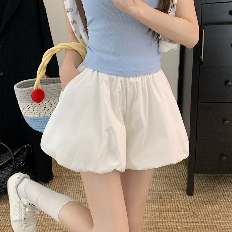白色蓬蓬花苞短裤女夏2025新款高腰显瘦宽松休闲a字阔腿灯笼裙裤图片