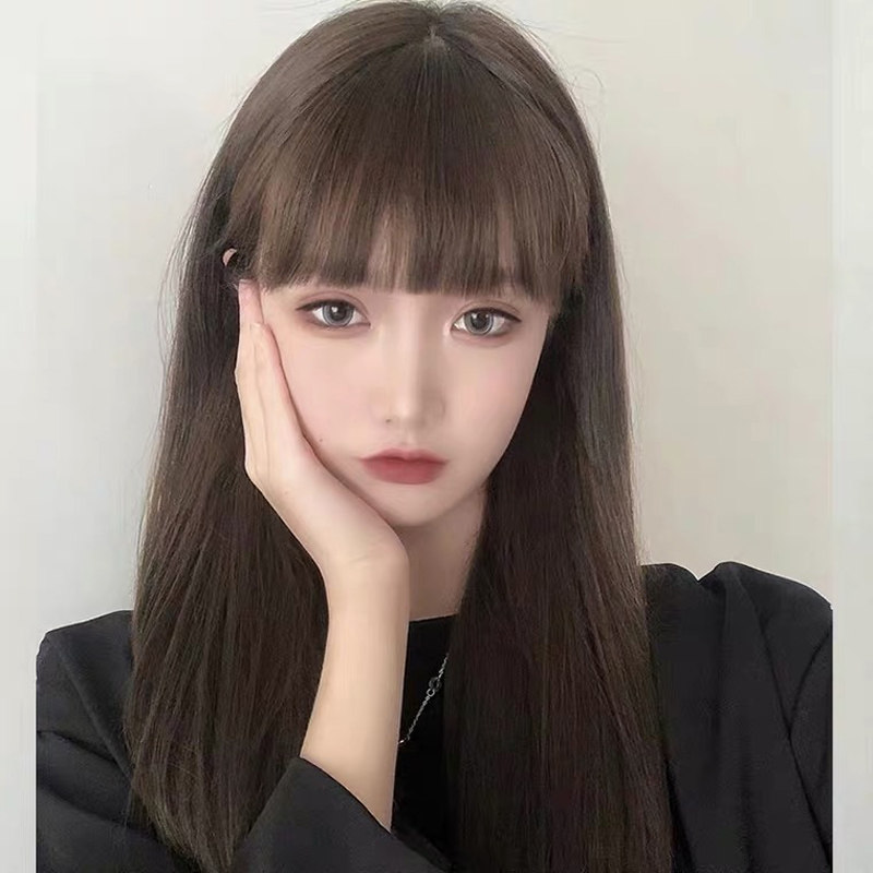 冷棕色假发女长直发韩式漫画空气齐刘海高温丝全头套整顶女团JK毛
