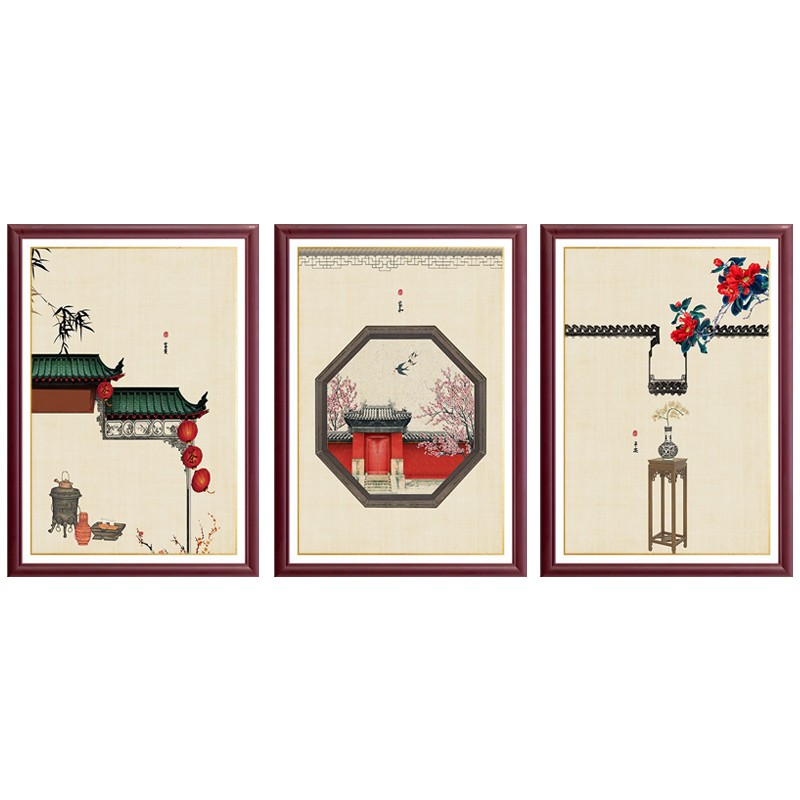 新中式沙发背景墙面装饰画餐厅墙面壁画中国风玄关走廊实木框挂画