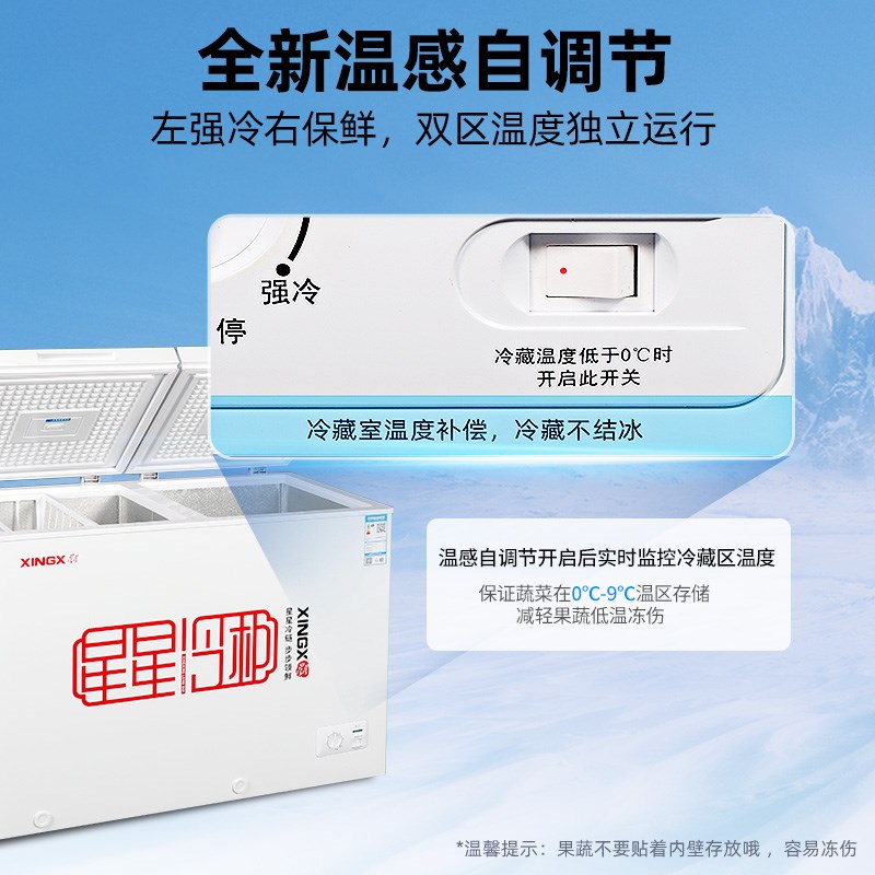 星星双温柜卧式冷柜微霜冰柜商用大容量冷藏冷冻柜双门家用大冷柜