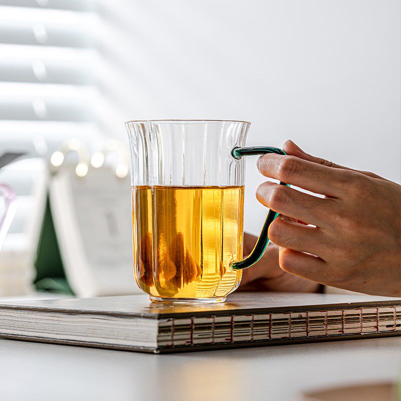 中式海棠花大容量耐高温带把玻璃水杯果汁杯牛奶杯啤酒杯茶杯杯子