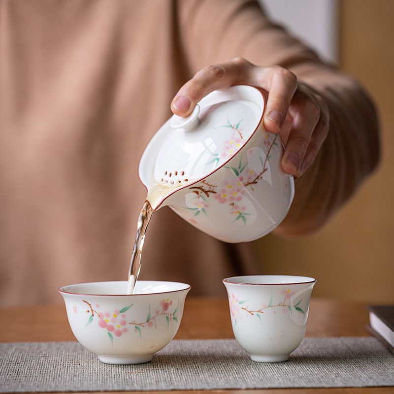 手绘桃花白瓷快客杯旅行包便携式手抓壶茶具套装二人泡茶杯陶瓷
