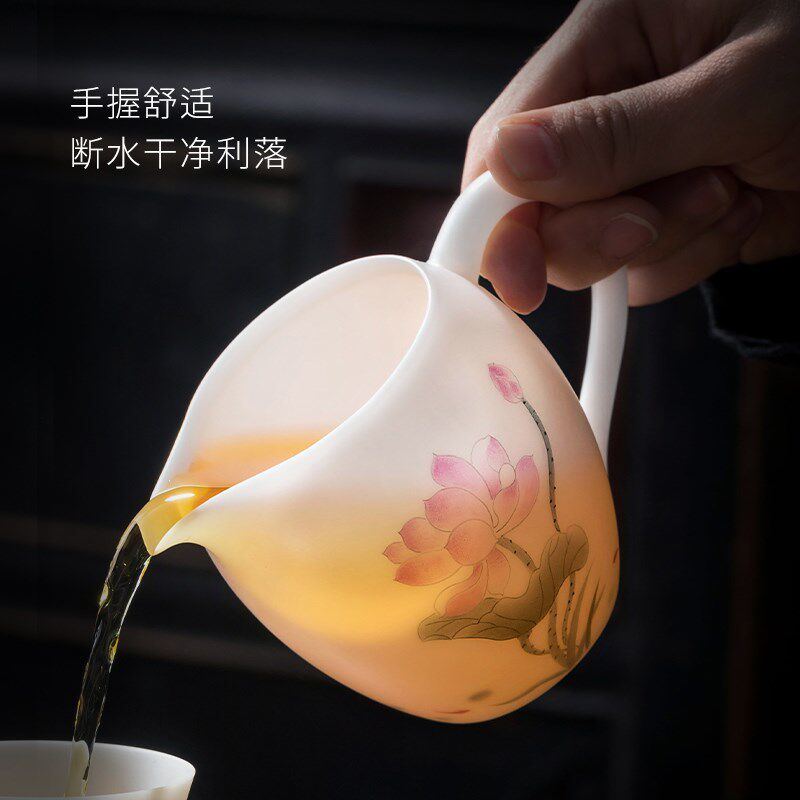 妙莲天香高档冰种玉瓷手绘出水芙蓉公道杯陶瓷茶具分茶器茶杯单个