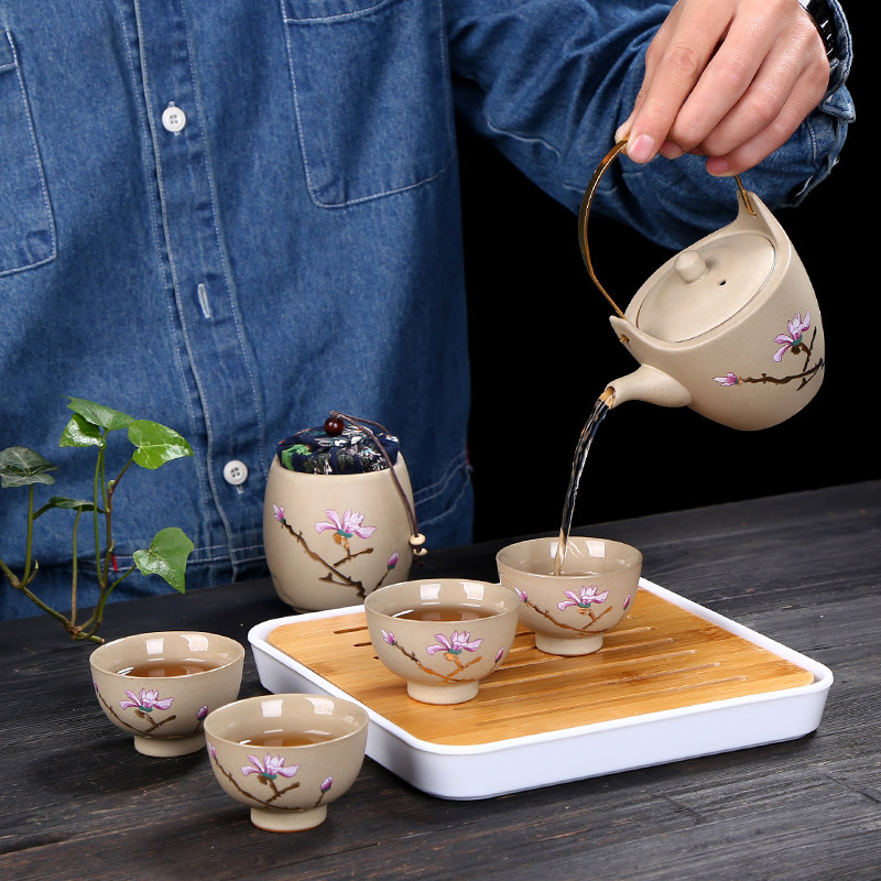 日式粗陶旅行功夫茶具套装便携包家用陶瓷茶壶茶杯茶罐竹茶盘随行