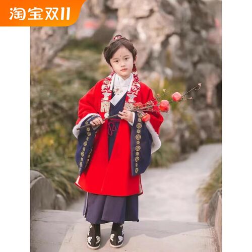加绒男童汉服冬季拜年服道袍宋制唐装少爷过年服明制加厚女童男女