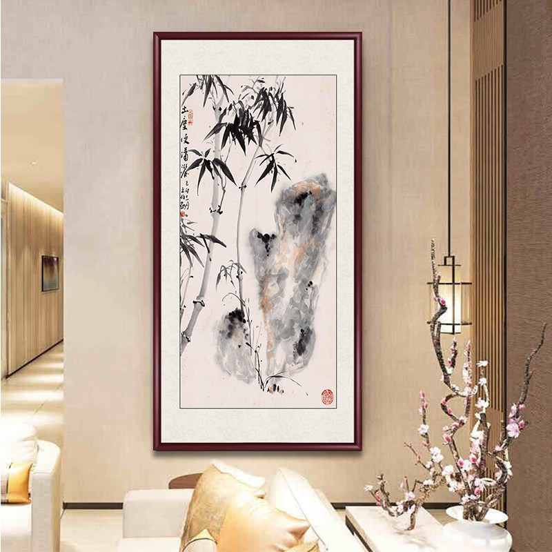 唐寅山水挂画草屋蒲团图唐伯虎字画中式入户玄关装饰画办公室壁画