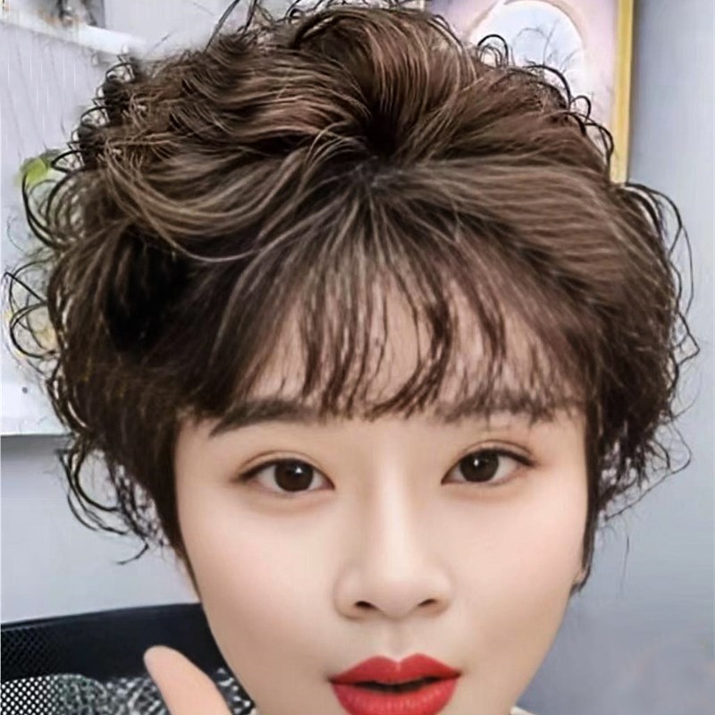 女士补发片羊毛卷补发短发假发可扎可盘复古假发片女头顶补发遮白