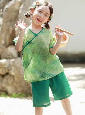儿童汉服夏季棉麻轻薄女童u中国风套装短袖短裤宝宝唐装女孩夏装