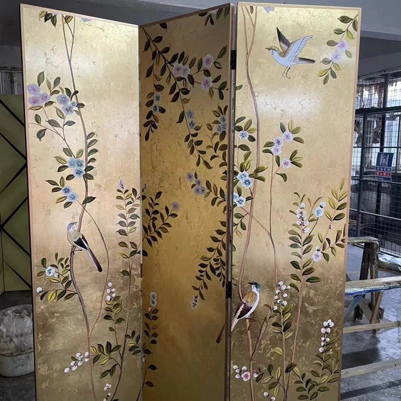 中式手绘漆画金箔花鸟折叠屏风隔断移动家居玄关客厅茶室装饰定制