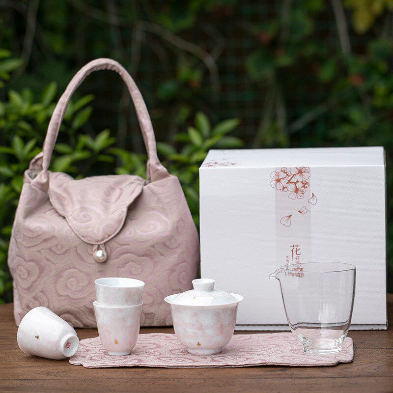 花开茶靡渐变盖碗陶瓷旅行茶具便携收纳布包小套组粉色品茗杯套装