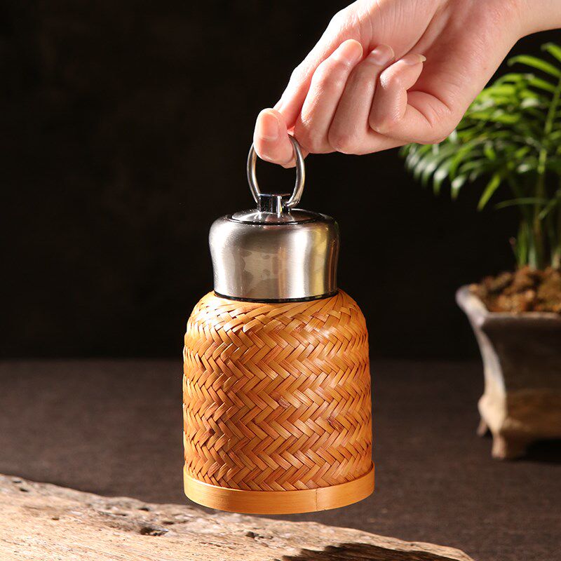 竹柒阁复古手工竹编便携水杯陶瓷内胆大肚杯保温杯简约泡茶杯子