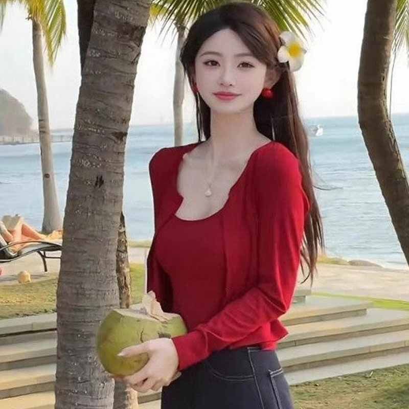 红色开衫薄款女配吊带开衫外搭罩衫夏女修身上衣防晒外套两件套图片