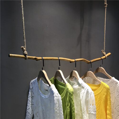 服装店树枝展示架上墙服装架侧挂橱窗复古麻绳木棍吊架吊挂吊环