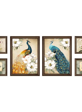 美式客厅组合画孔雀装饰画创意沙发背景墙挂画欧式壁画油画高级感