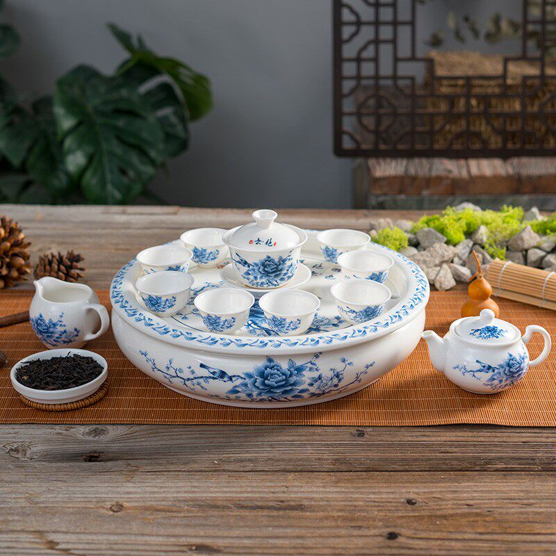 潮汕功夫茶 茶具套装 白色玉瓷青花瓷 整套带圆形陶瓷茶盘家用
