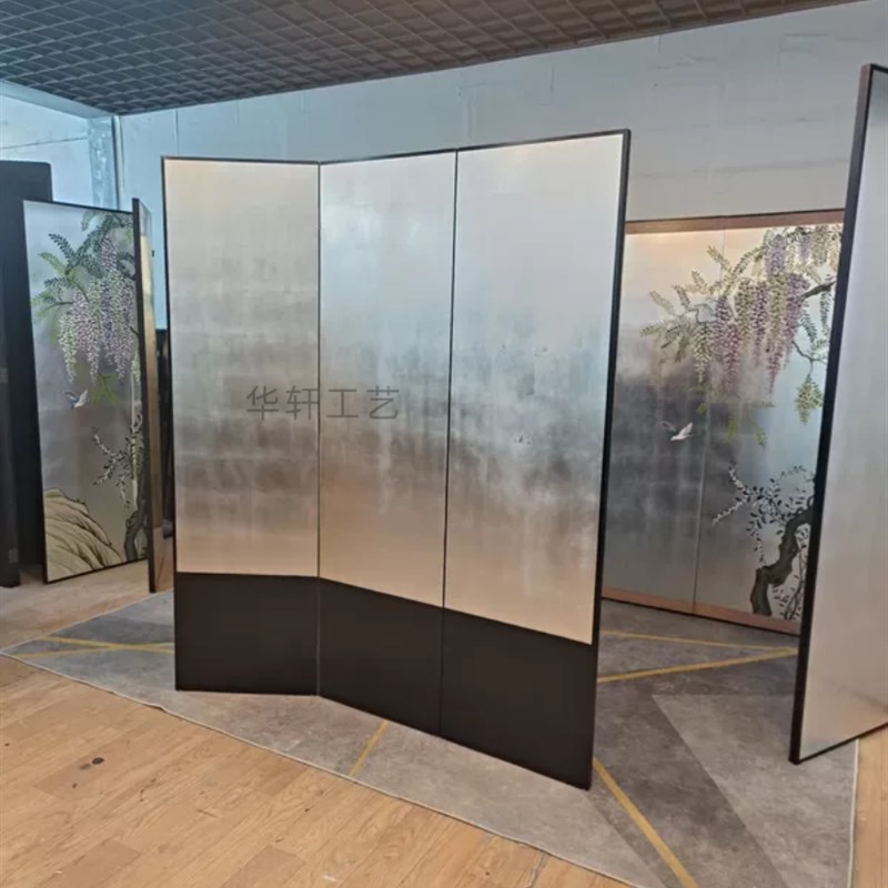 定制折叠简约银箔客厅屏风沙发背景手绘漆画金箔日式空白素面屏风
