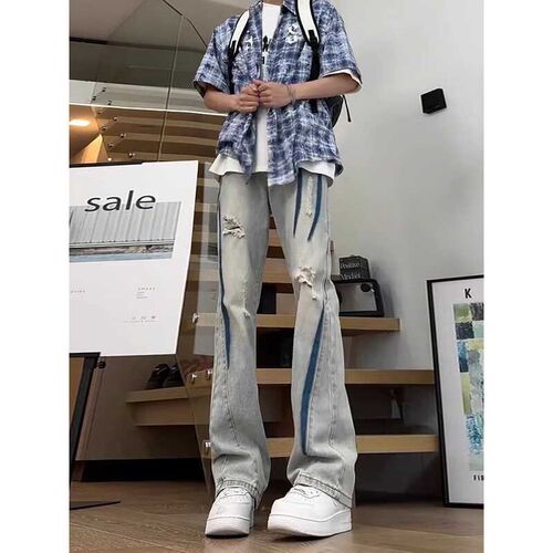 美式复古蓝色破洞牛仔裤设计感小众废土风裤子男款夏季直筒微喇裤