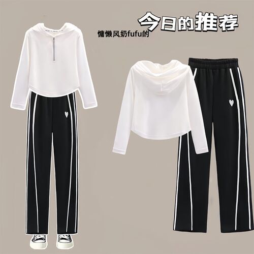 女童春秋装套装初中女学生秋季2024新款时髦洋气休闲连帽卫衣外套