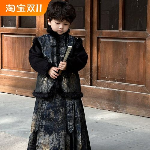 鎏金国风汉服唐装童装2024冬季新款中式羽绒上衣马面裙套装新中式