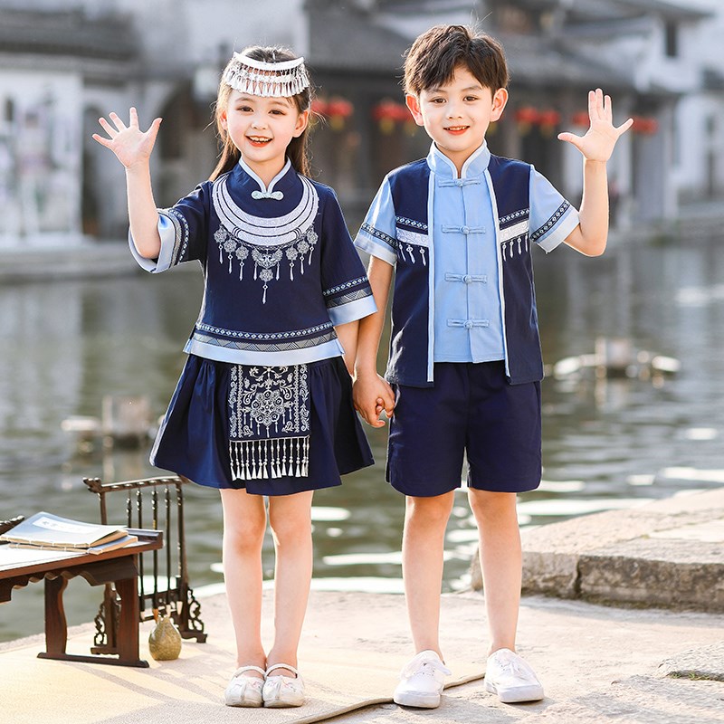 三月三民族服装儿童演出服夏装六一合唱汉服男童女童表演短袖套装图片