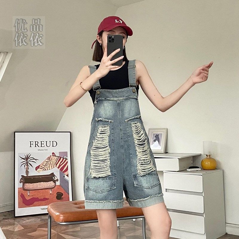 破洞显瘦阔腿牛仔连体背带短裤女夏季薄款宽松时尚洋气炸街吊带裤图片