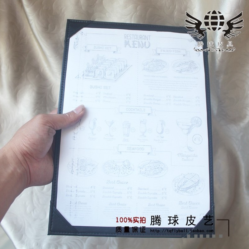 餐馆皮质单页插角点菜单本A4菜谱夹菜谱本菜单夹点菜单价目表封皮