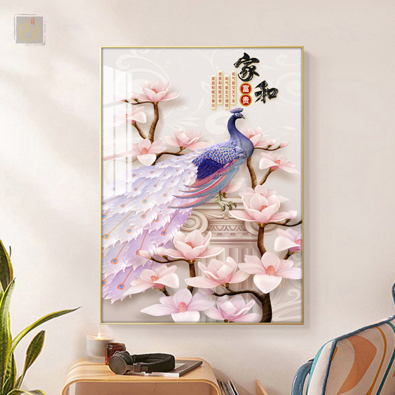 2022新款孔雀挂画简约入户正对门竖版招财玄关装饰画走廊过道壁画
