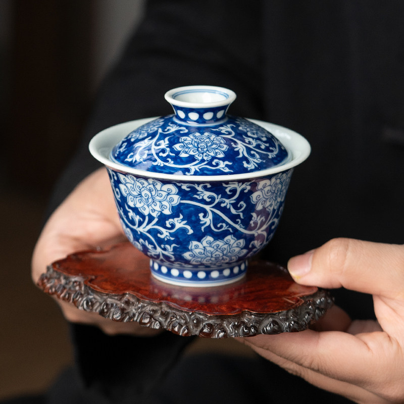 民间艺人缠枝莲花卉二才盖碗茶杯手绘青花瓷景德镇陶瓷器家用茶具