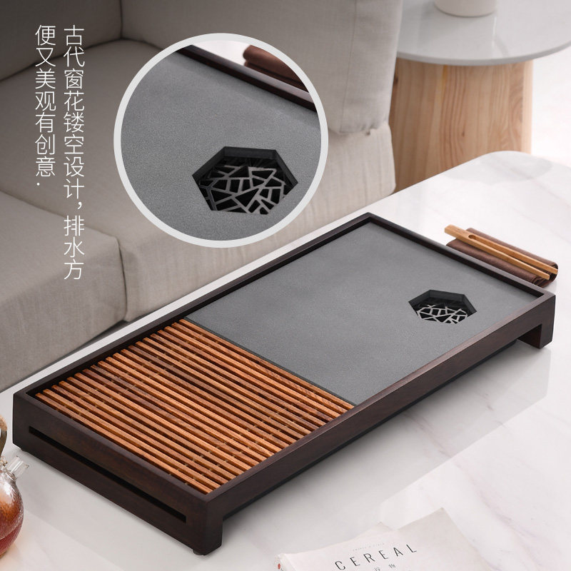 茶锦记实木茶具茶盘家用简约抽屉式储水小茶台黑檀木乌金石托盘