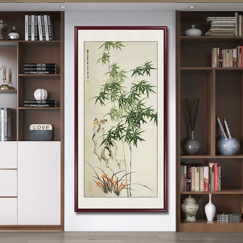竹报平安玄关装饰画竹子挂画新中式竖版入户走廊尽头壁画水墨国画