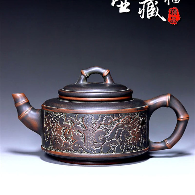 竹节壶龙凤雕名家钦州坭兴陶茶壶茶具家用纯手工窑变精品916