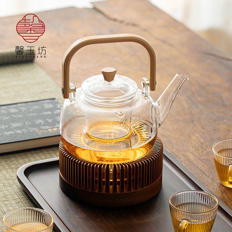 轻奢花茶壶温茶炉套装耐热玻璃提梁壶蜡烛加热底座茶杯托盘整套