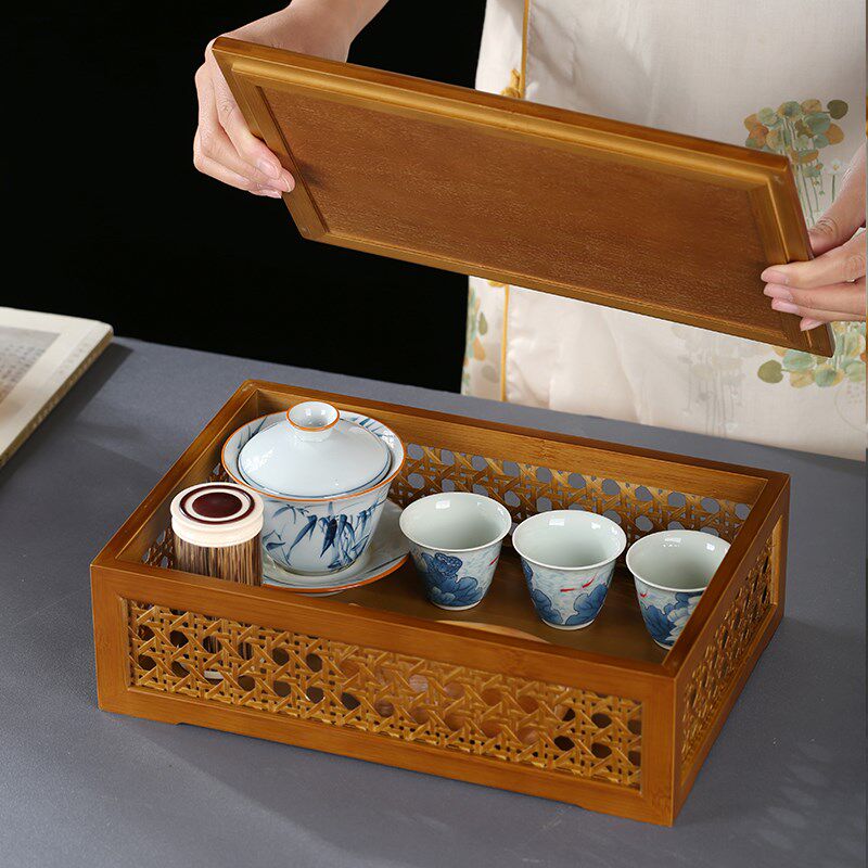 中式手工大漆竹编小茶盘客厅家用茶盘桌面干泡台茶具茶杯围栏托盘