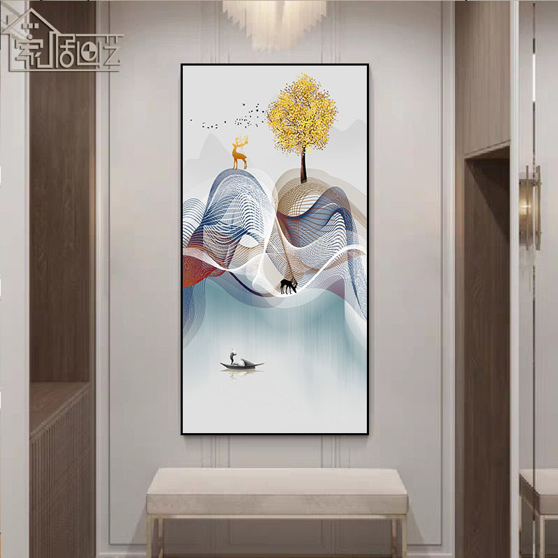 玄关新中式山水画风景装饰画入户入门过道走廊尽头挂画竖版壁画