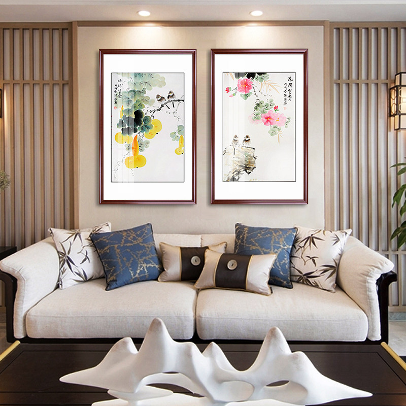 国画手绘紫藤花鸟画客厅沙发三联壁画玄关竖幅装饰挂画新中式画框