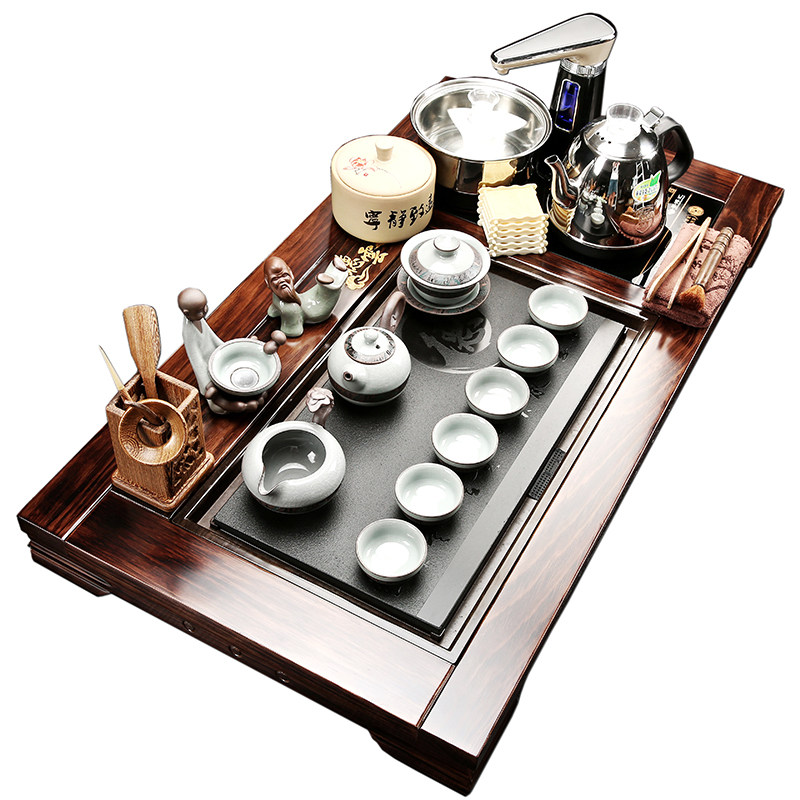 圣立茶具套装家用简约功夫茶海茶道整套乌金石茶台实木茶盘全自动