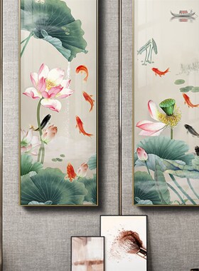 网红新中式九鱼联图装饰画荷花叶玄客厅沙发背景墙壁画别墅四两关