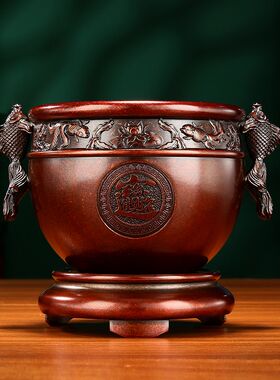 黄铜聚宝盆《福鱼进宝缸》摆件客厅客厅办公室装饰品开业乔迁礼品