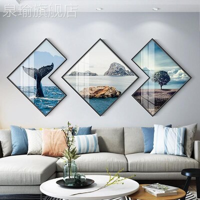 网红客画厅装饰画晶瓷海蓝色景三联画创意异型挂画沙发背景墙餐厅