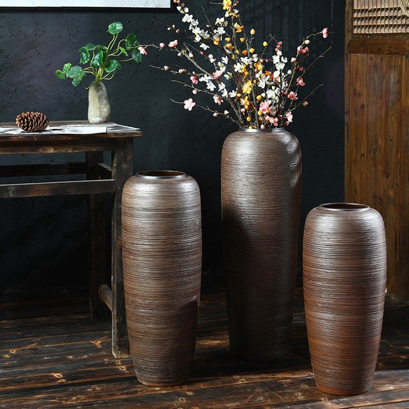 手工陶瓷器落地大花瓶复古棕色插花水养酒店餐厅客厅家居软装饰品
