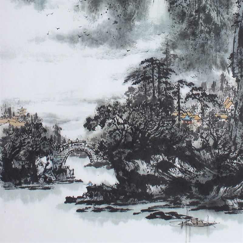 酒店水墨花卉山水卧室中式床头画单横幅卧室墙画挂画无框装饰画