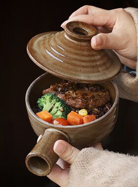 拾器集粗陶带把小砂锅陶瓷炖锅家用煲仔饭带盖汤锅厨房微波炉热菜