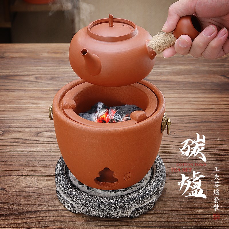潮州煮茶炭火炉砂铫壶古朴红泥碳炉炭电两用煮茶软化水质祛寒湿气